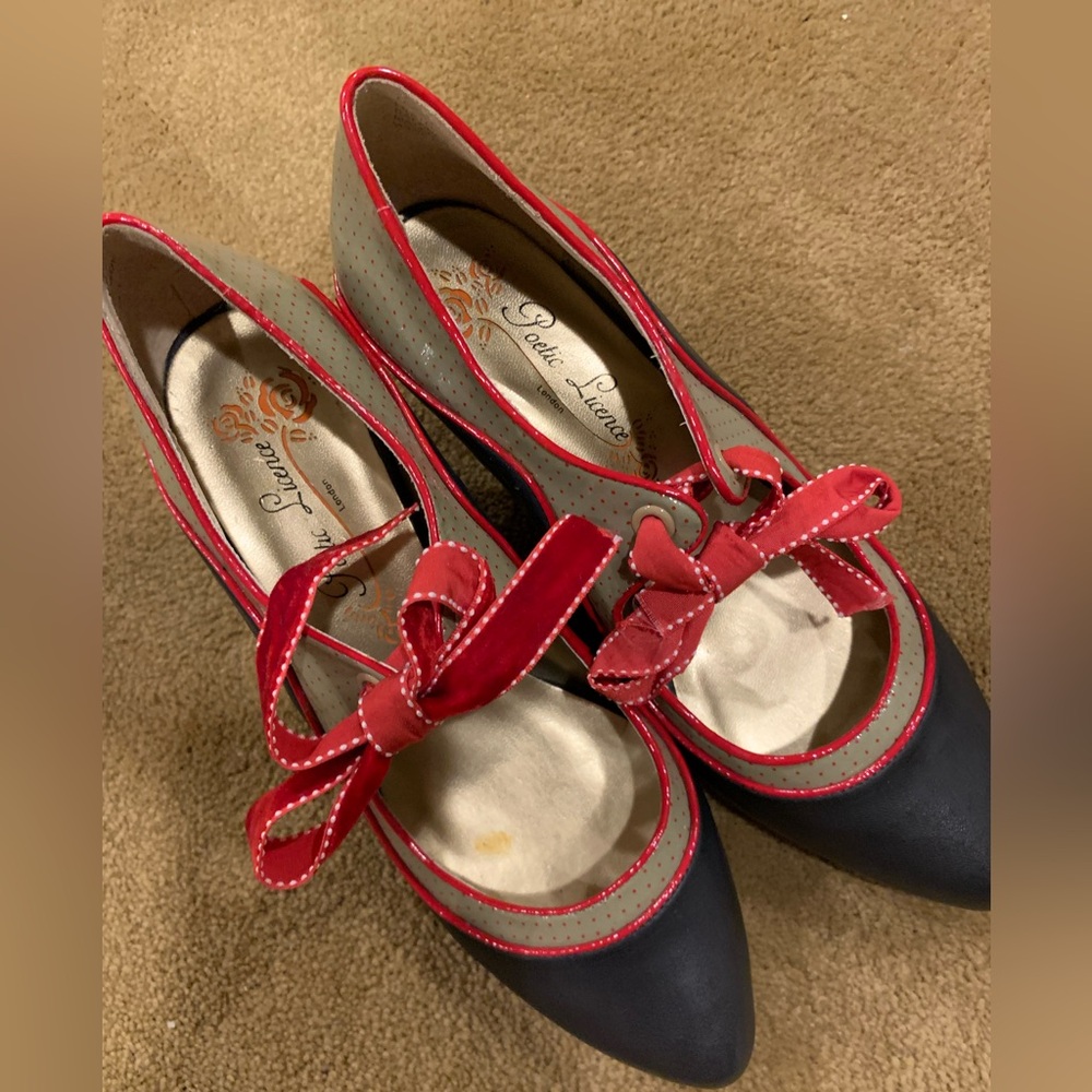 Poetic License Red and Navy Low Heels with Velvet Bow